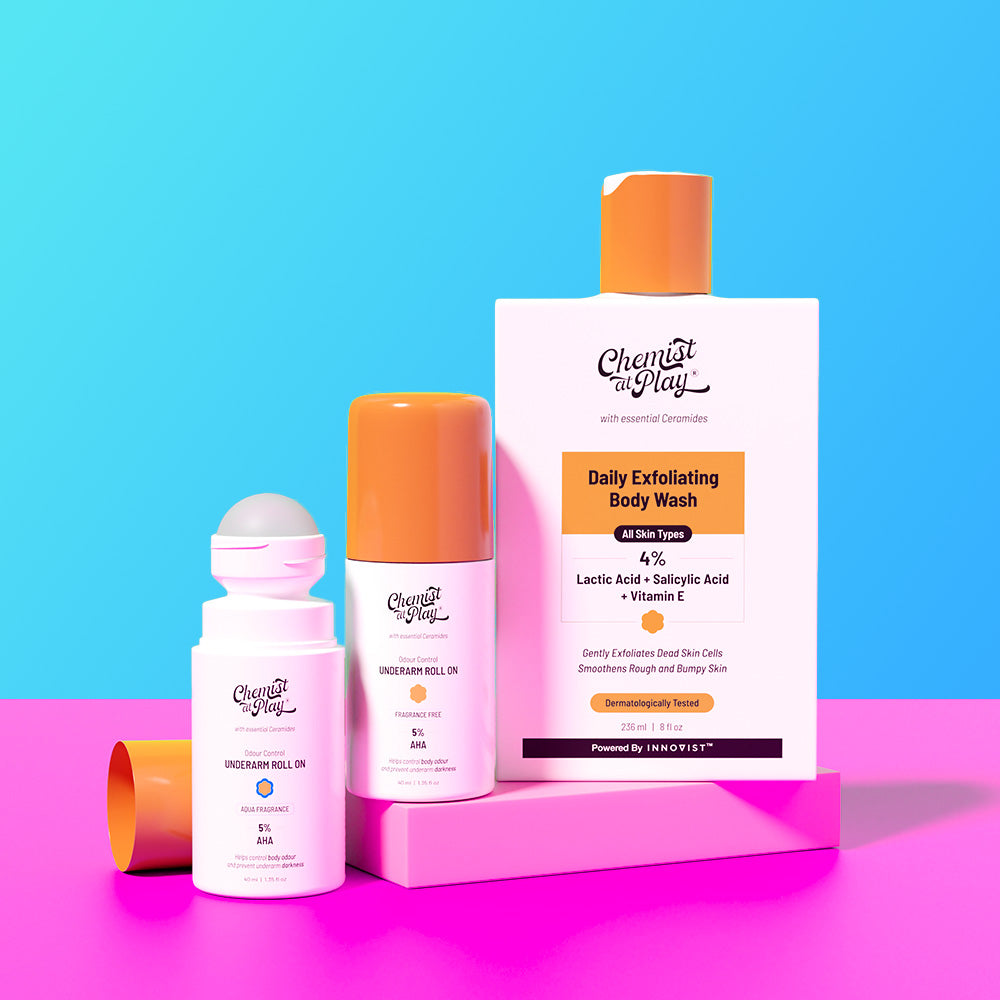 Daily Exfoliation Trio (Aqua & Fragrance Free Underarm Roll On - 40ml + 40ml | Exfoliating Body Wash - 236 ml)
