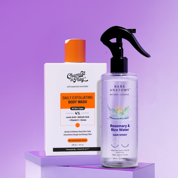 Hair & Skin Bestseller Duo (Rosemary & Rice Water Hair Growth Spray - 200 ml + Exfoliating Body Wash - 236 ml)