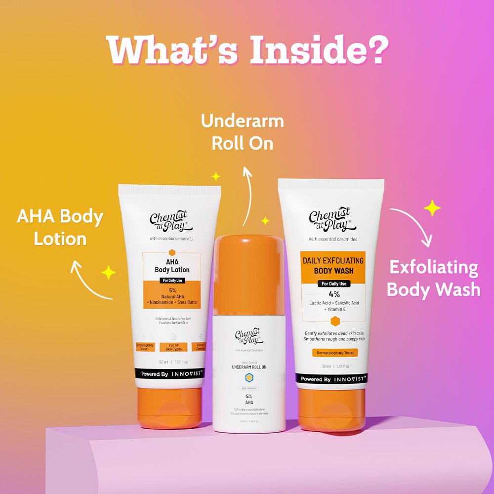 3-Step Body Exfoliating Kit (Exfoliating Body Wash - 50 ml | Underarm Roll On - 40 ml | AHA Body Lotion - 50 ml)