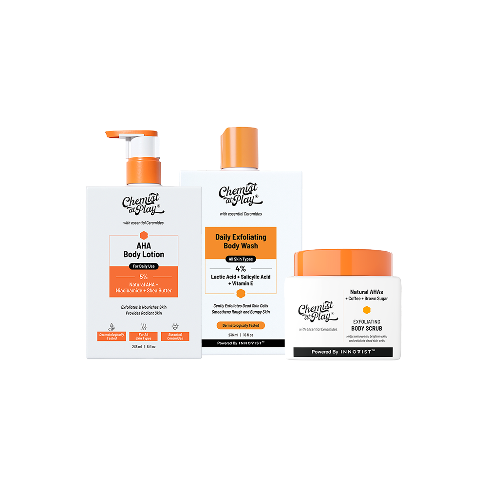Oh-so-smooth Trio (Exfoliating Body Scrub - 75 gm) | Exfoliating Body Wash - 236 ml | AHA Body Lotion - 236 ml)