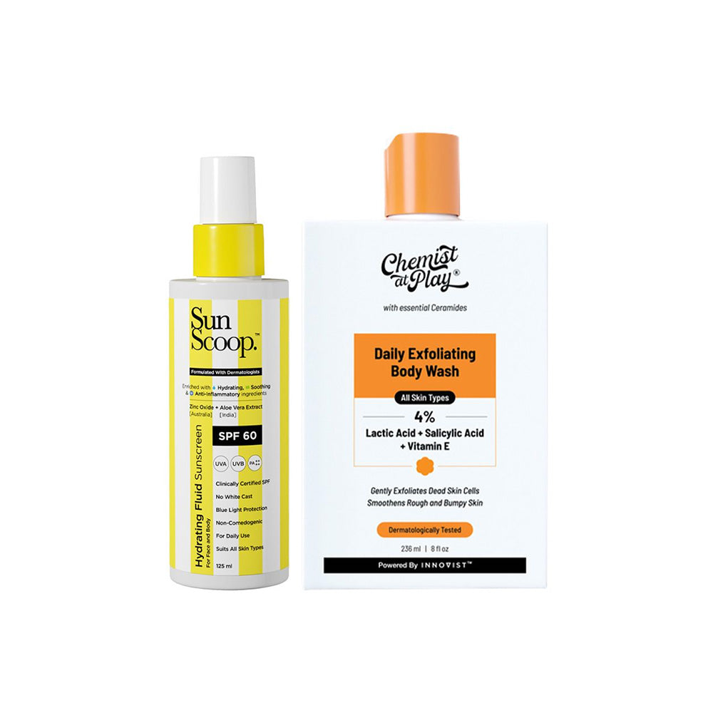 Exfoliate & Protect Combo (Hydrating Fluid Sunscreen - 125 ml | Brightening Body Wash - 236 ml)