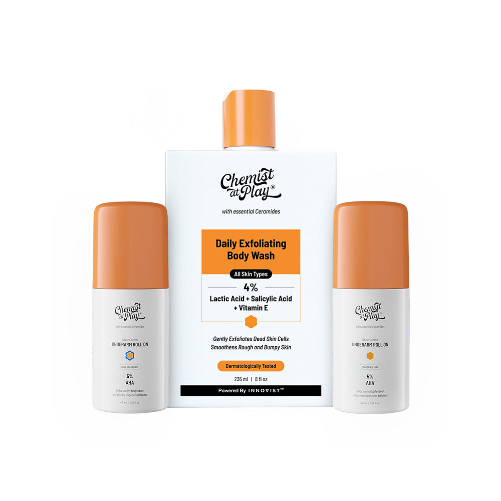 Daily Exfoliation Trio (Aqua & Fragrance Free Underarm Roll On - 40ml + 40ml | Exfoliating Body Wash - 236 ml)