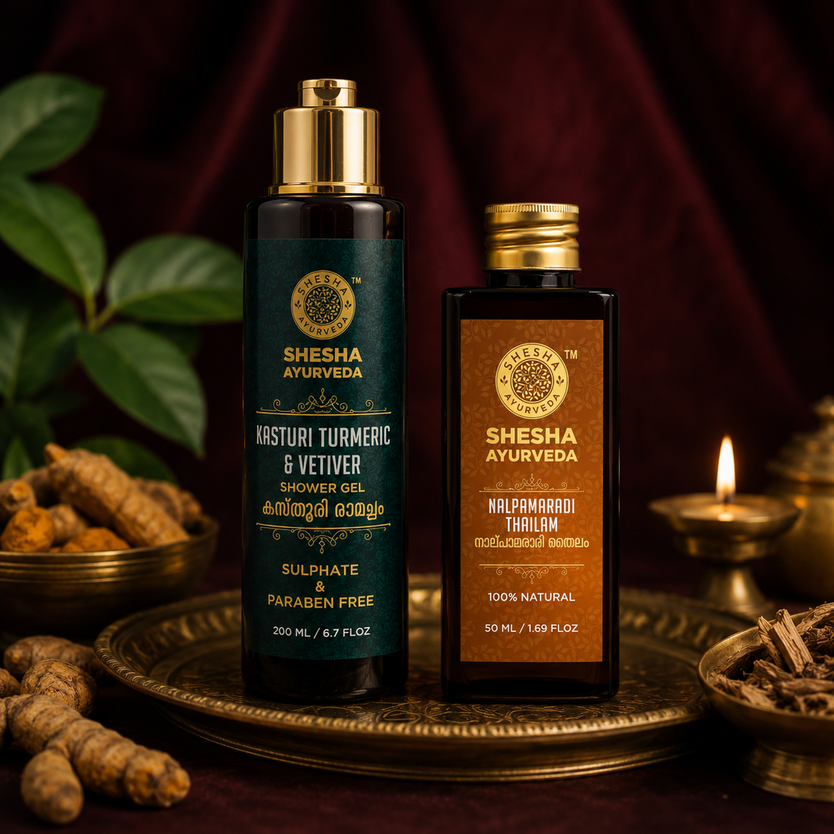 The Kerala Glow Duo | Kasturi Turmeric & Vetiver Shower Gel 200ml + Nalpamaradi Thailam 50ml
