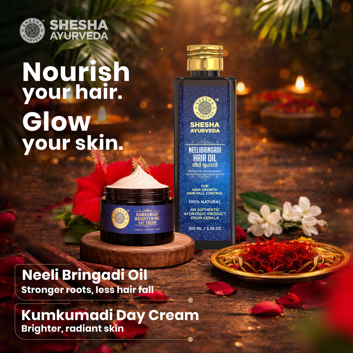 Glow & Grow Duo - Kumkumadi Skin Brightening Cream 50G + Neelibringadi Hair Oil 100ML