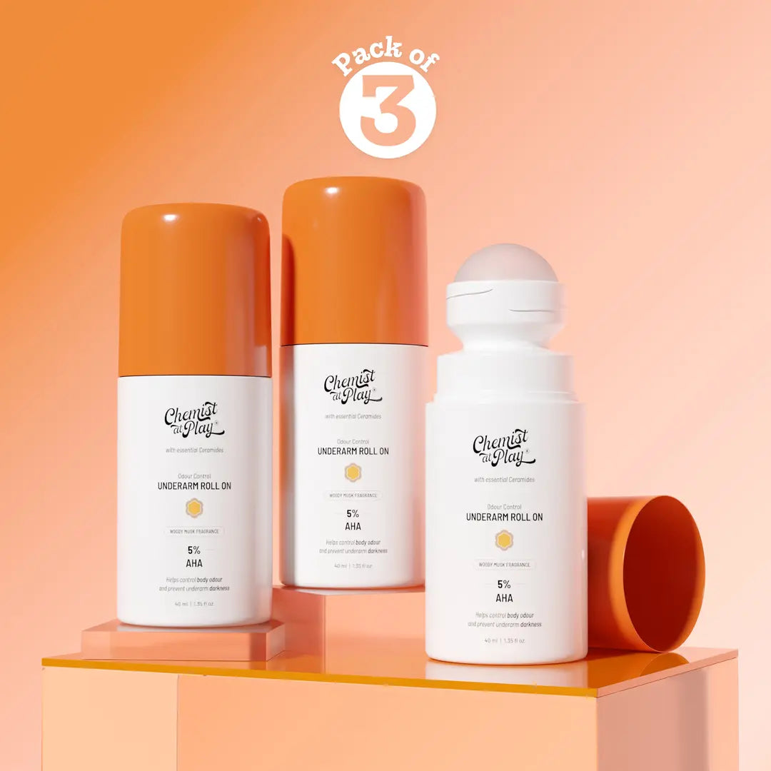 5% AHA Underarm Roll on for Odour Control & Pigmentation (Woody Musk) - 40 ml | Pack of 3