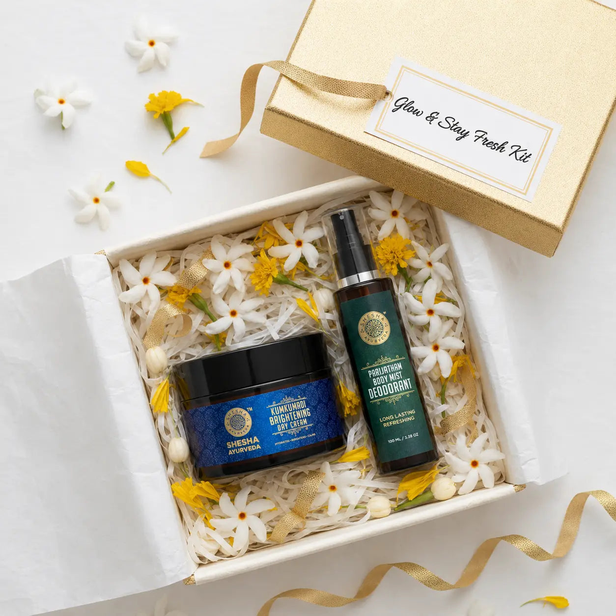 Glow & Stay Fresh Kit | Kumkumadi Brightening Day Cream + Parijatham Body Mist Deodorant