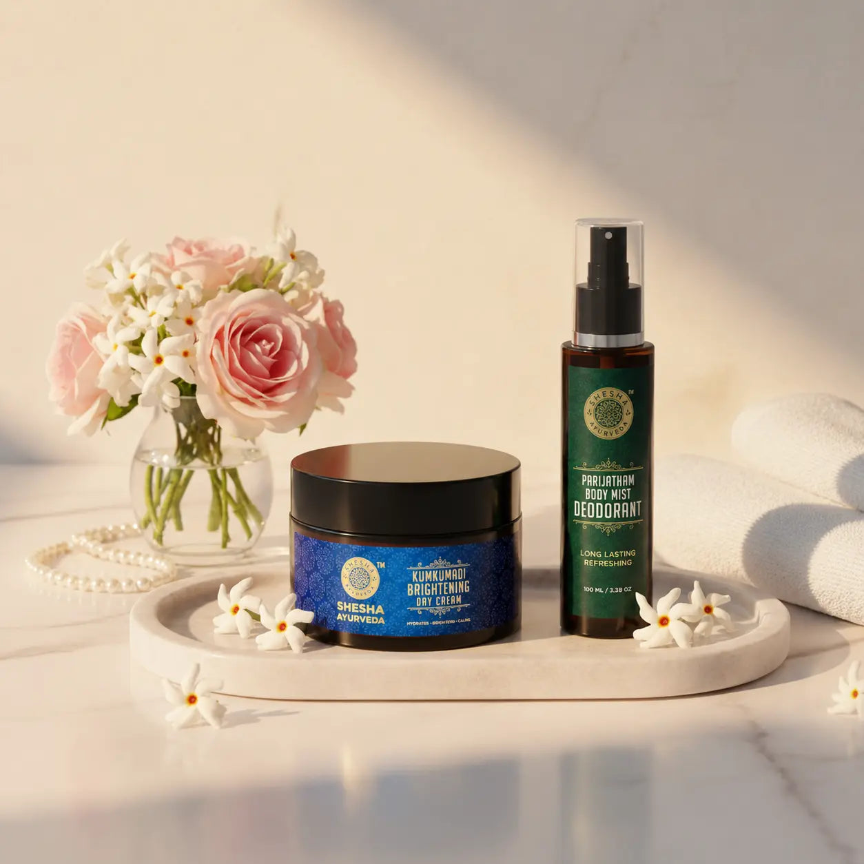 Glow & Stay Fresh Kit | Kumkumadi Brightening Day Cream + Parijatham Body Mist Deodorant