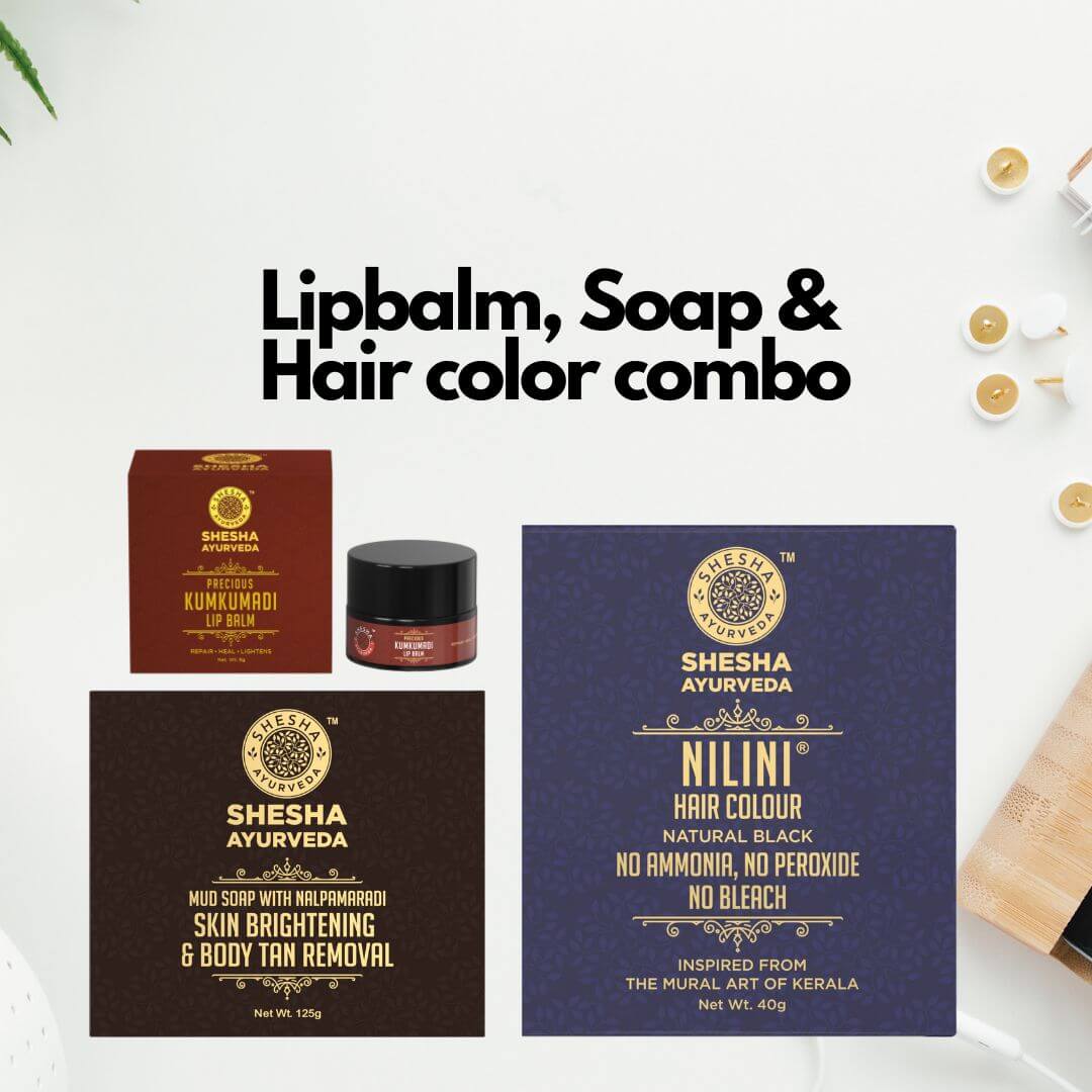 Super Saver Combo (3 items) - Kumkumadi Lightening Lip Balm 5G + Tan Removal Mud Soap 125G + Nilini Natural Black Hair Color 40G