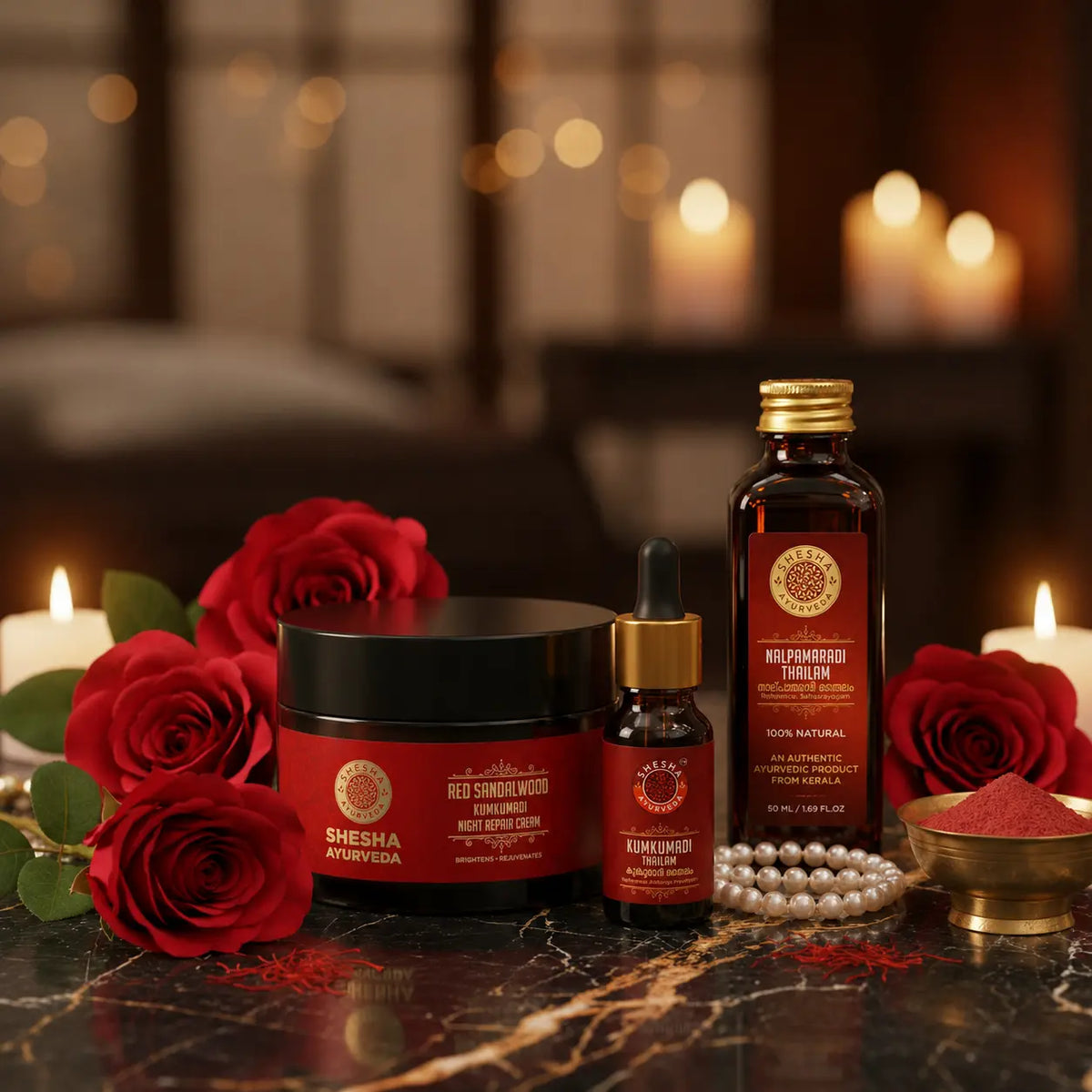 Night Goddess Kit | Red Sandalwood Night Cream 50G + Kumkumadi Thailam 5ML + Nalpamaradi Oil 50ML